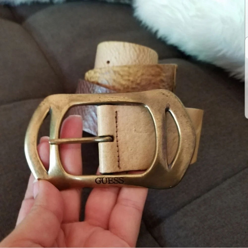 Guess Genuine Leather Ombre Brown Beige Belt with Brass Buckle Like NEW